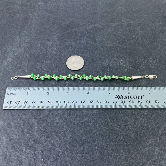 Green Cat’s Eye Double Strand Bead Bracelet | Cone Tip Sterling Silver |  7.25" - Picture 4 of 5